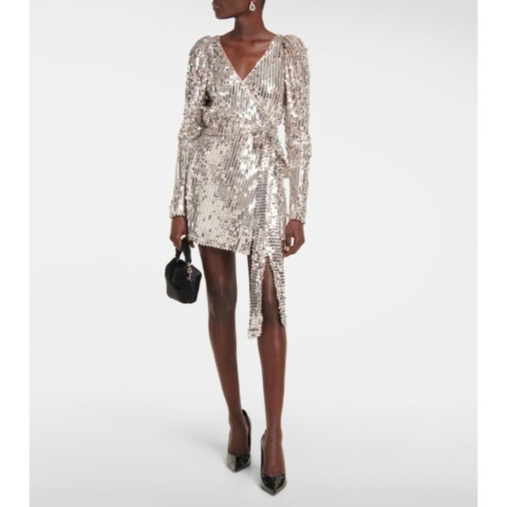 ROTATE Bridget silver sequined wrap minidress Size 4